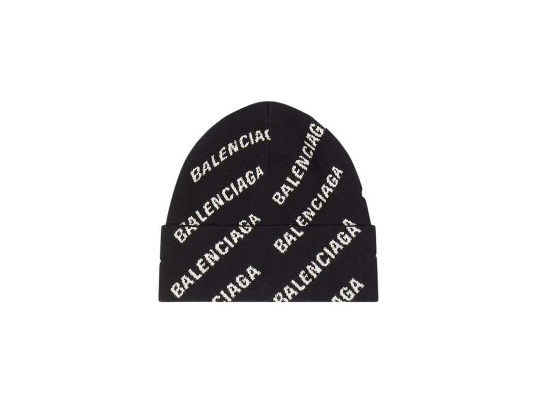 Balenciaga Balenciaga Mini Allover Logo Beanie In Black And White Wool Knit