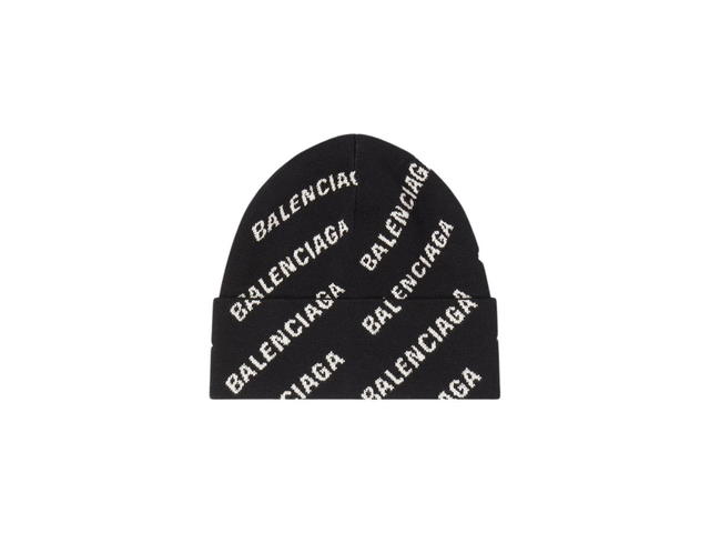 Balenciaga Balenciaga Mini Allover Logo Beanie In Black And White Wool Knit - view 1