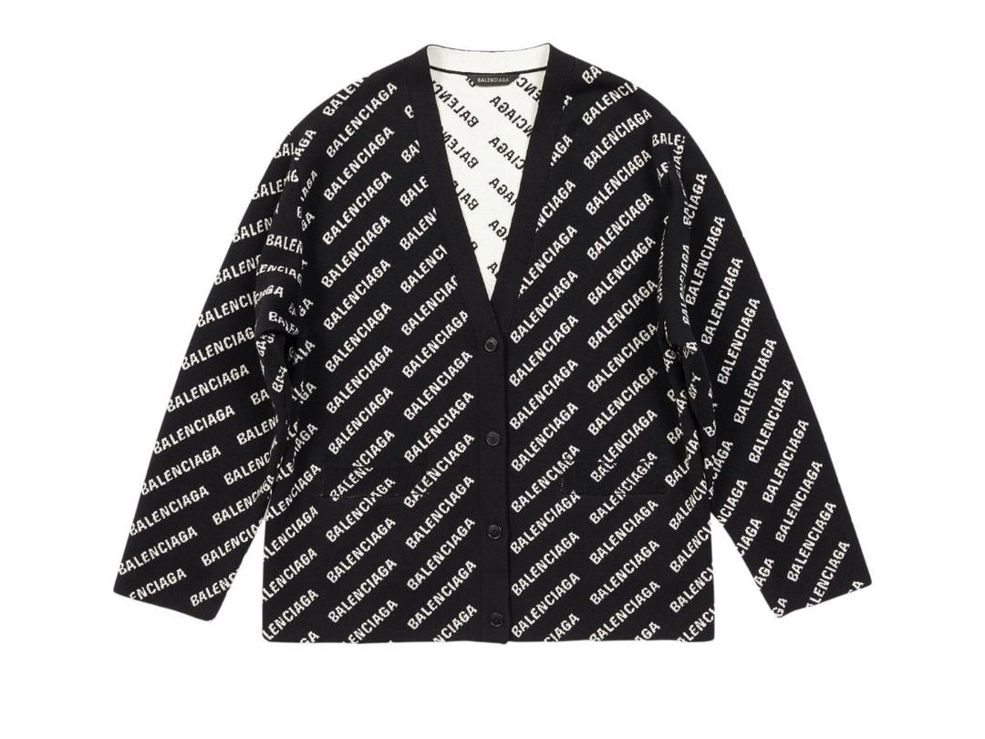 Balenciaga Balenciaga Mini Allover Logo Cardigan In Black And White Wool Knit