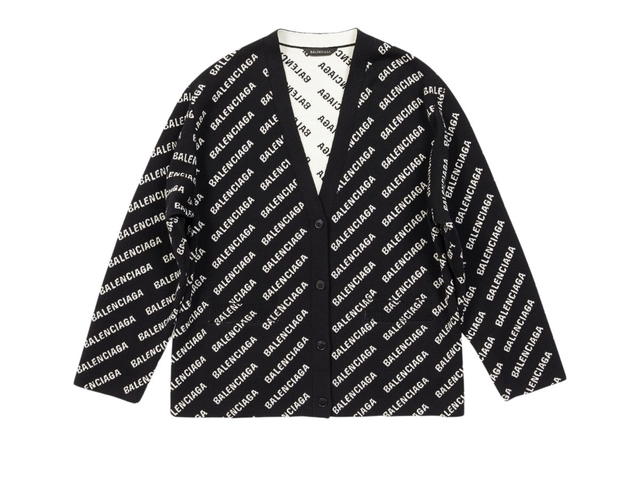 Balenciaga Balenciaga Mini Allover Logo Cardigan In Black And White Wool Knit - view 1
