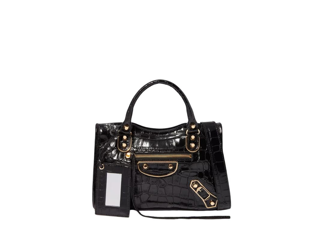 Balenciaga Balenciaga Mini City Shoulder Bag In Shiny Crocodile-Emboss Leather With Gold Hardware Black