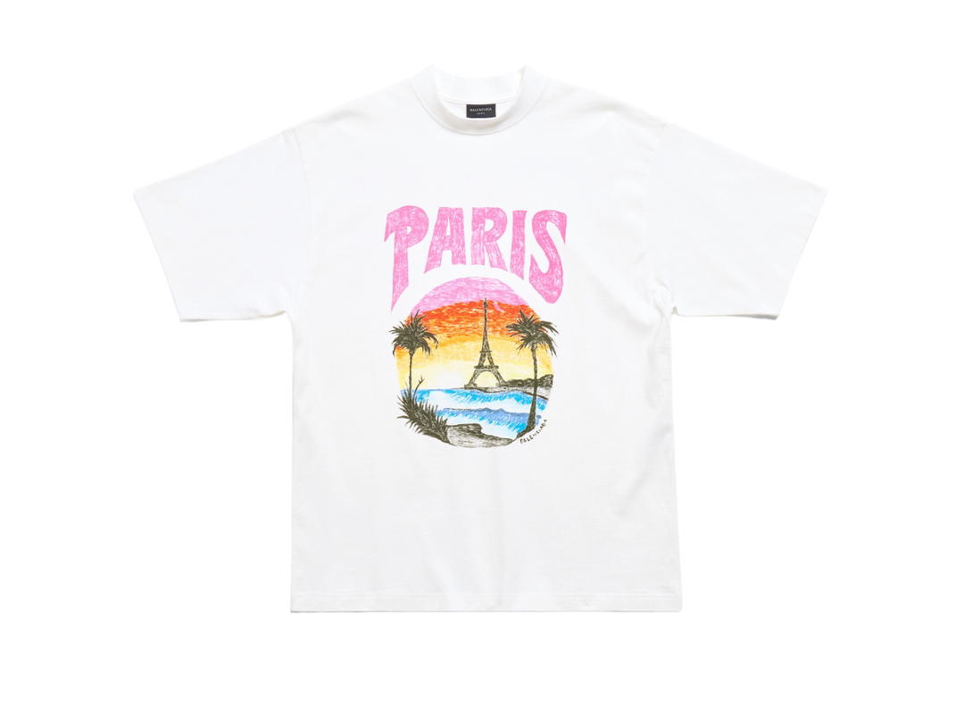 Balenciaga Balenciaga Paris Tropical T-Shirt Medium Fit In White and Pink Vintage Jersey