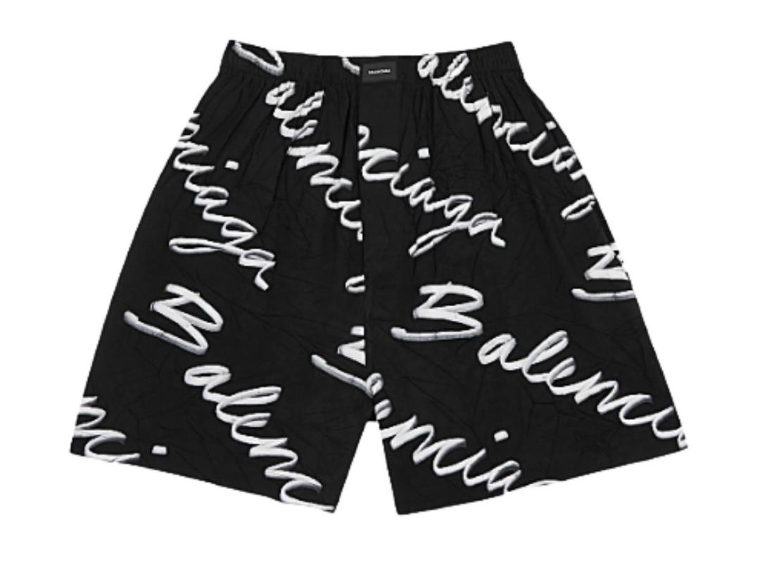 Balenciaga Balenciaga Scribble Logo-Print Crinkled Shorts Black