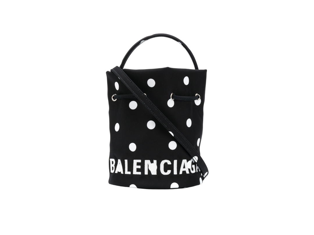 Balenciaga Balenciaga Wheel Drawstring Bucket Bag XS In Palka Dot Recycled Nylon With Embroidered Balenciaga Logo Black-White