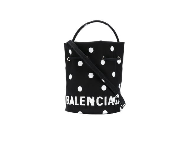 Balenciaga Balenciaga Wheel Drawstring Bucket Bag XS In Palka Dot Recycled Nylon With Embroidered Balenciaga Logo Black-White - view 1
