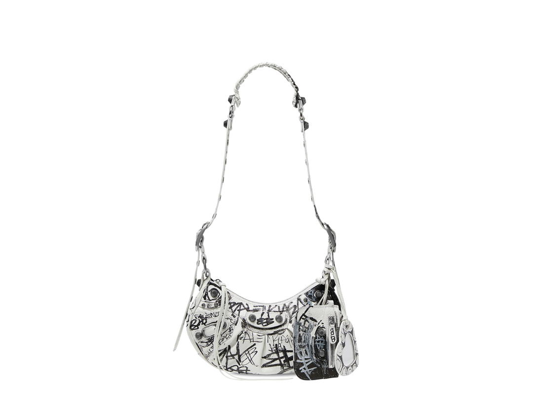 Balenciaga Balenciaga XS Le Cagole Shoulder Bag In Graffiti Printed Arena Lambskin With Aged-Silver Hardware White And Black