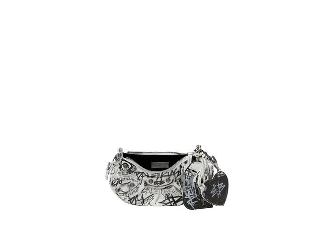 Balenciaga Balenciaga XS Le Cagole Shoulder Bag In Graffiti Printed Arena Lambskin With Aged-Silver Hardware White And Black - view 3