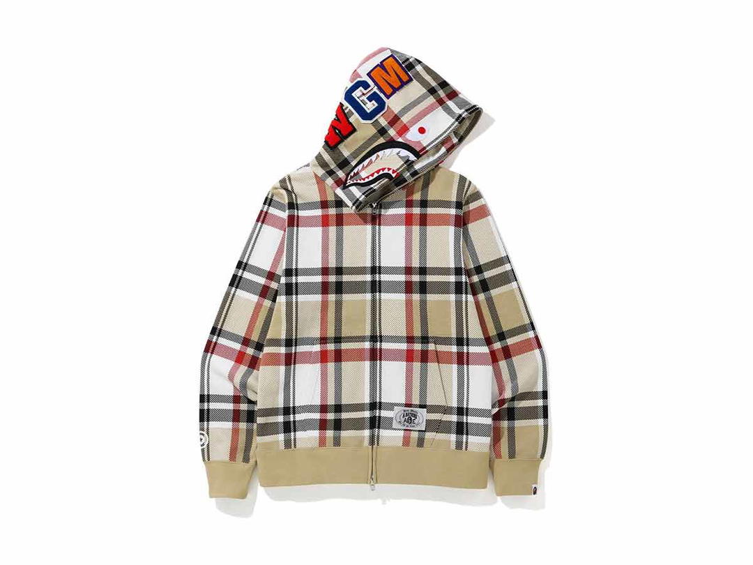 Bape BAPE Check Shark Full Zip Hoodie Beige