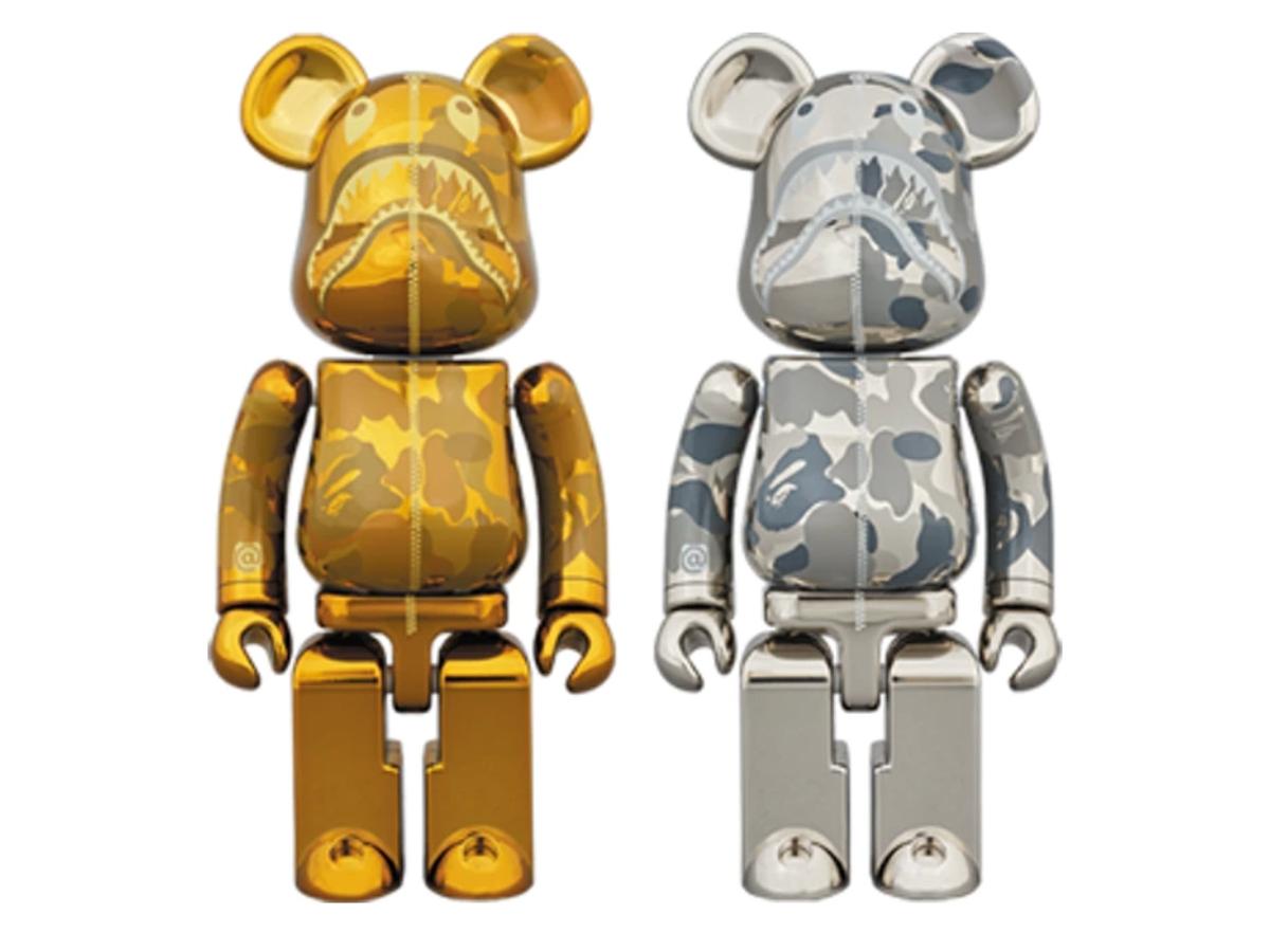 Medicom Toy BE@RBRICK x Bape Superalloy Camo Shark Gold Silver Set 200%
