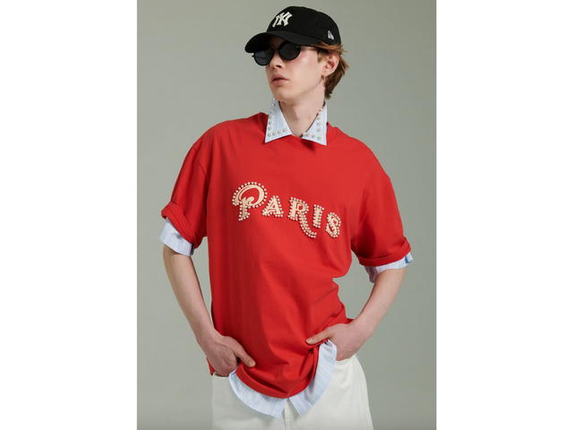 Beyond Closet Beyond Closet [Collection Line] Pearl Logo Heavy Weight Garment Cotton T-Shirt Red - view 4