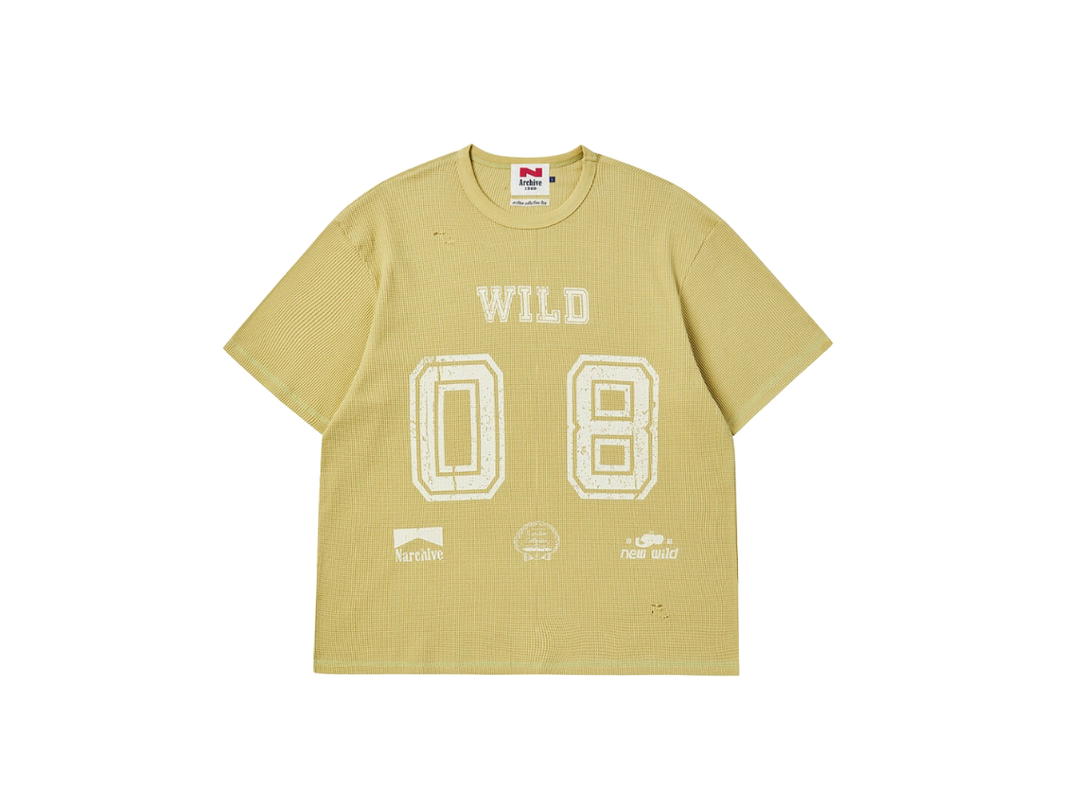 Beyond Closet Beyond Closet [Collection Line] Vintage Detail Washed Waffle Cotton Damage 1/2 T-Shirt Mustard