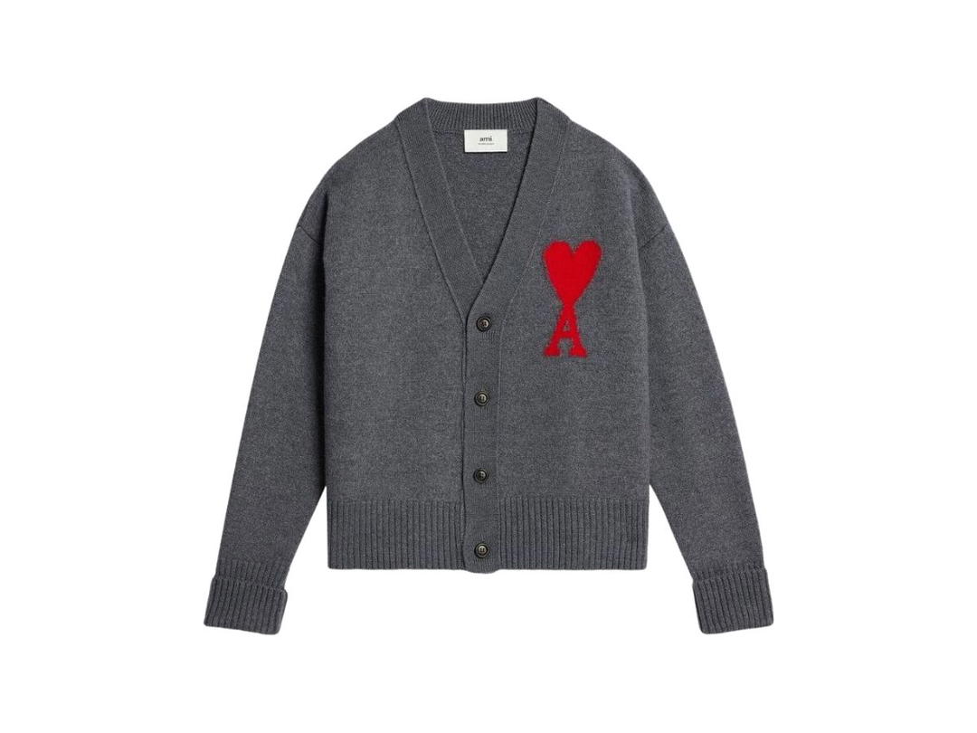 Ami Paris Ami De Coeur Cardigan In Felted Merino Wool Heather Grey-Red