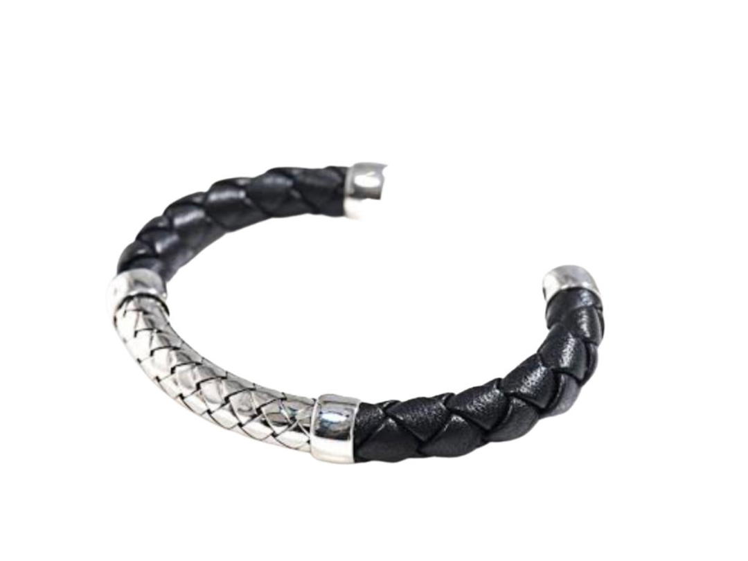 Bottega Veneta Bottega Veneta Intrecciato Woven Leather Silver Bracelet in Black for Men