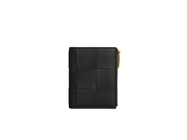 Bottega Veneta Bottega Veneta Small Cassette Bi-Fold Zip Wallet In Calfskin Intreccio Leather With Gold Finish Hardware Black - view 1
