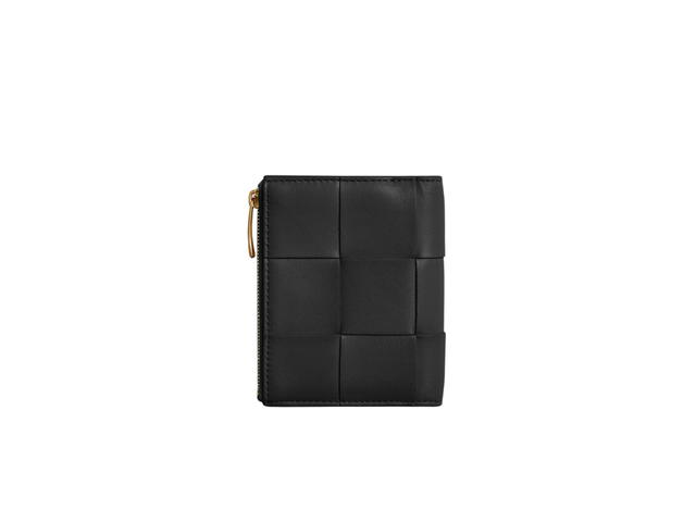 Bottega Veneta Bottega Veneta Small Cassette Bi-Fold Zip Wallet In Calfskin Intreccio Leather With Gold Finish Hardware Black - view 2