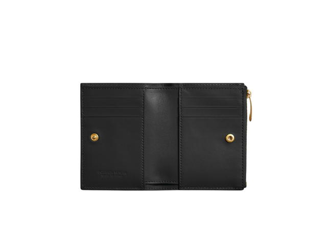 Bottega Veneta Bottega Veneta Small Cassette Bi-Fold Zip Wallet In Calfskin Intreccio Leather With Gold Finish Hardware Black - view 3