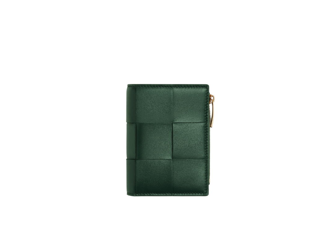 Bottega Veneta Bottega Veneta Small Cassette Bi-Fold Zip Wallet In Calfskin Intreccio Leather With Gold Finish Hardware Raintree