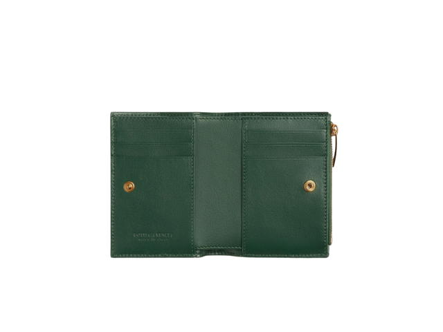 Bottega Veneta Bottega Veneta Small Cassette Bi-Fold Zip Wallet In Calfskin Intreccio Leather With Gold Finish Hardware Raintree - view 3