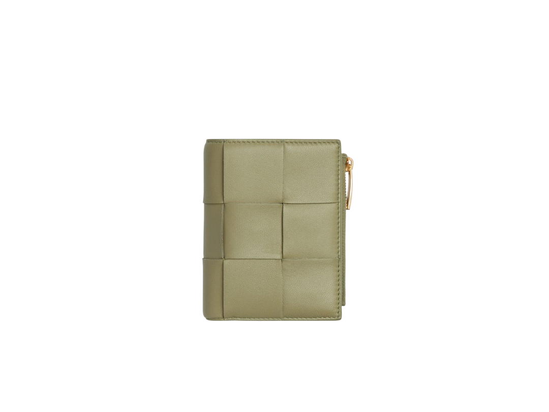 Bottega Veneta Bottega Veneta Small Cassette Bi-Fold Zip Wallet In Calfskin Intreccio Leather With Gold Finish Hardware Travertine