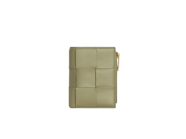 Bottega Veneta Bottega Veneta Small Cassette Bi-Fold Zip Wallet In Calfskin Intreccio Leather With Gold Finish Hardware Travertine - view 1