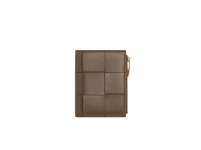 Bottega Veneta Bottega Veneta Small Cassette Bi-Fold Zip Wallet In Intreccio Leather With Gold Finish Hardware Taupe Grey - view 1