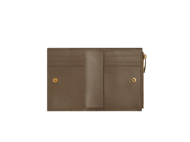 Bottega Veneta Bottega Veneta Small Cassette Bi-Fold Zip Wallet In Intreccio Leather With Gold Finish Hardware Taupe Grey - view 3
