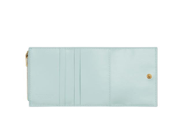 Bottega Veneta Bottega Veneta Small Cassette Tri-Fold Zip Wallet In Lambskin With Gold Finish Hardware Teal Washed - view 2
