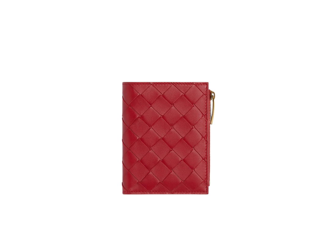 Bottega Veneta Bottega Veneta Small Intrecciato Bi-Fold Zip Wallet In Lambskin With Gold Finish Hardware Six Card Slots Apple Candy