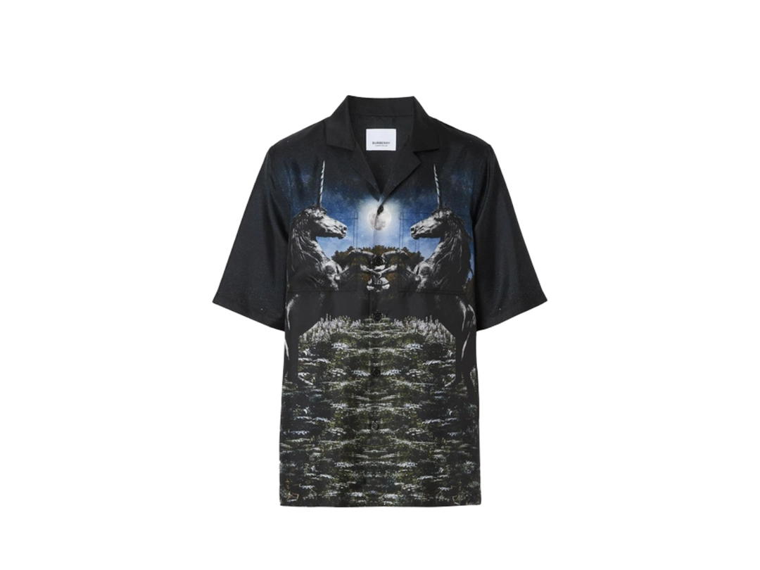 Burberry Burberry Rockwood Unicorn Meadow Print Silk Bowling Shirt Midnight