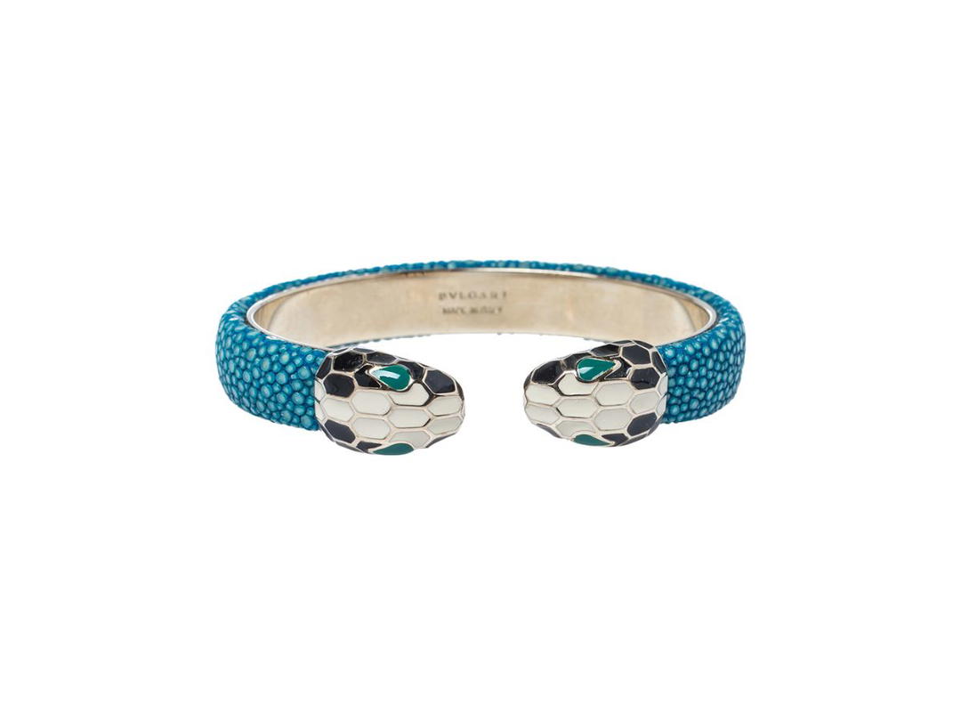 Bvlgari Bvlgari Serpenti Forever Bangle Bracelet In Light Gold-Plated Brass With Emerald Blue Galuchat Skin Inserts