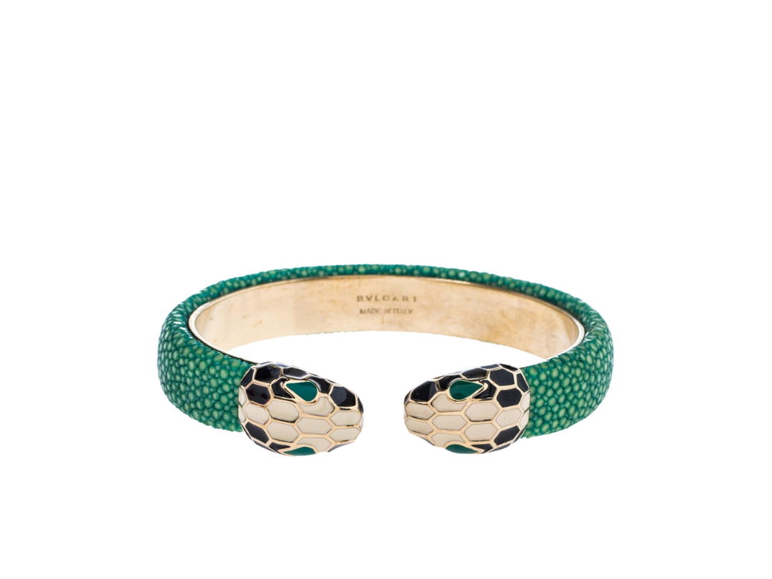 Bvlgari Bvlgari Serpenti Forever Bracelet Enamel Green Galuchat Leather Gold Plated Open Cuff