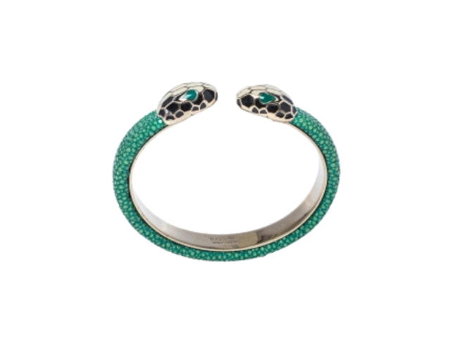 Bvlgari Bvlgari Serpenti Forever Bracelet Enamel Green Galuchat Leather Gold Plated Open Cuff - view 2