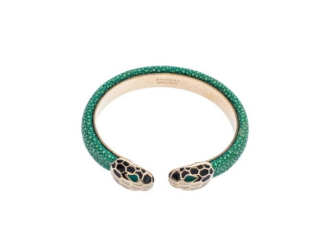 Bvlgari Bvlgari Serpenti Forever Bracelet Enamel Green Galuchat Leather Gold Plated Open Cuff - view 3