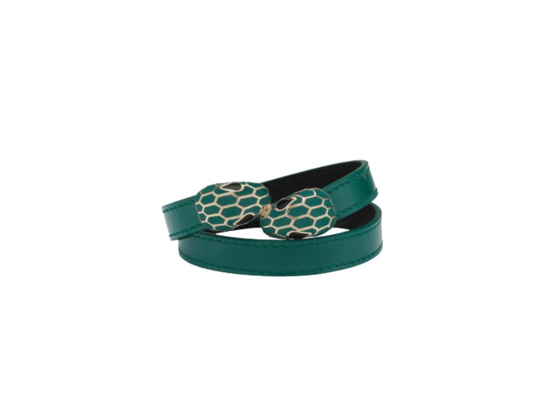 Bvlgari Bvlgari Serpenti Forever Two-Coil Bracelet In Jade Green Varnished Calf Leather With Light Gold-Plated Brass