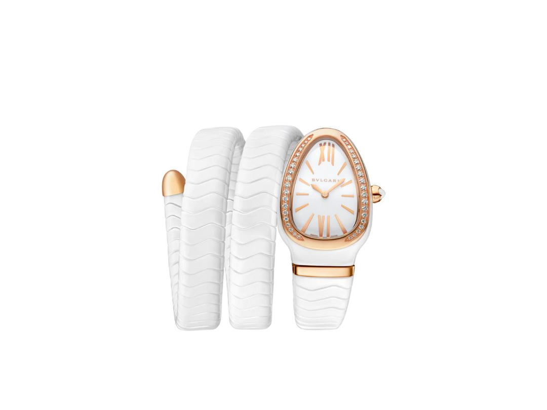Bvlgari Bvlgari Serpenti Spiga Watch 35 mm Double Spiral Bracelet In White Ceramic And 18 Kt Rose Gold Elements With With Diamonds And White Lacquered Polished Dial
