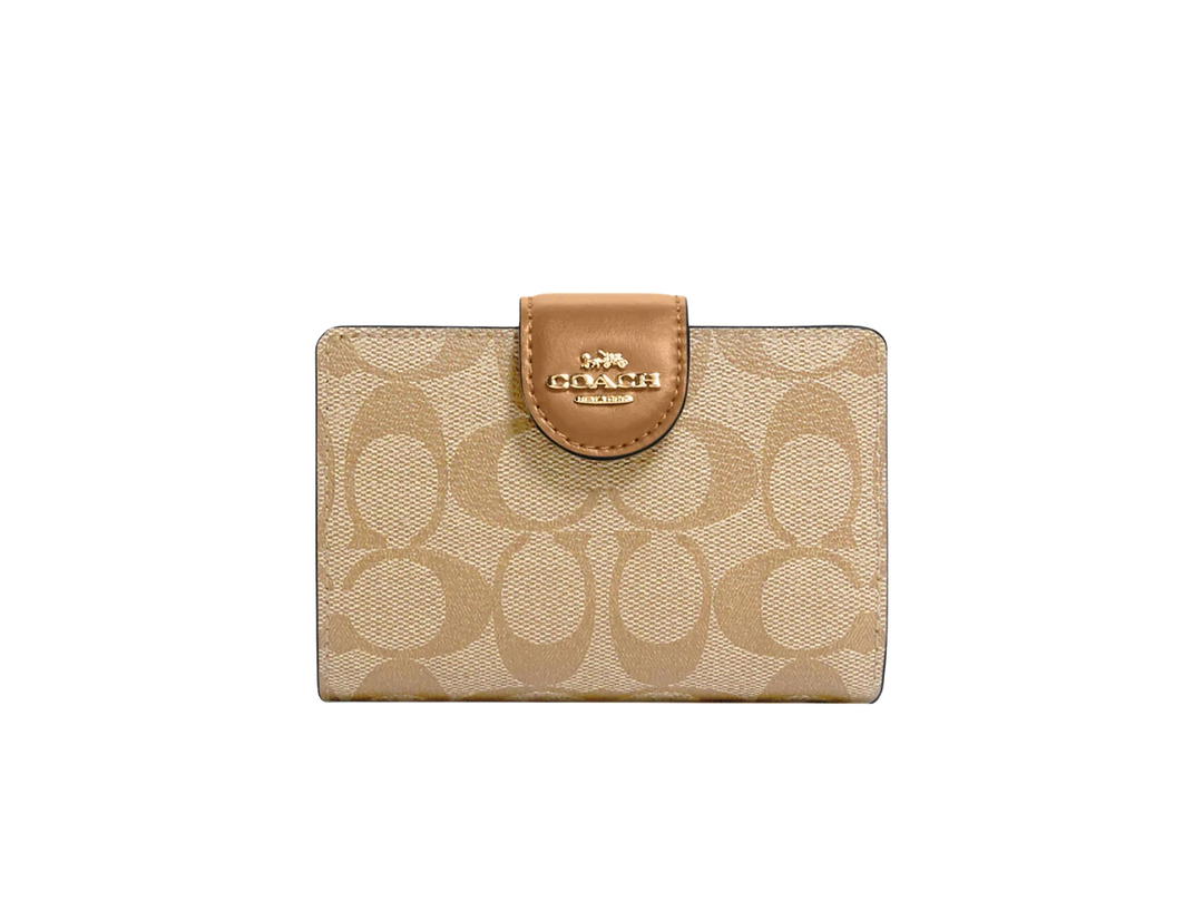 Coach Coach Medium Corner Zip Wallet In Signature Canvas Light Khaki Light Saddle