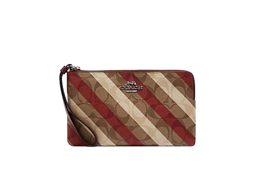 Coach Coach Large Corner Zip Wristlet in Signature Canvas with Diagonal Stripe Print Khaki