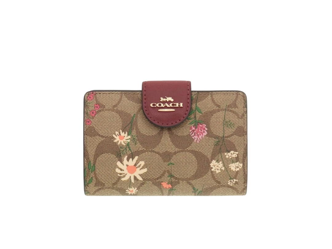 Coach Coach Medium Corner Zip Wallet In Signature Canvas With Wildflower Print Gold Khaki