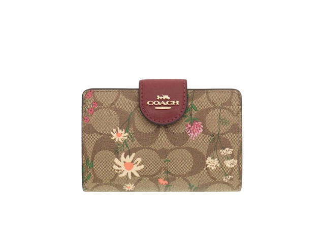 Coach Coach Medium Corner Zip Wallet In Signature Canvas With Wildflower Print Gold Khaki - view 1