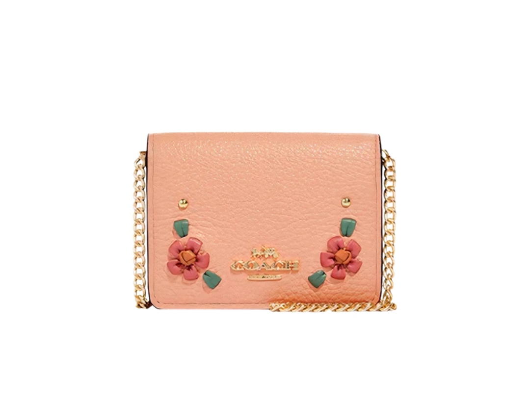 Coach Coach Mini Wallet On A Chain With Floral Whipstitch Gold Faded Blush