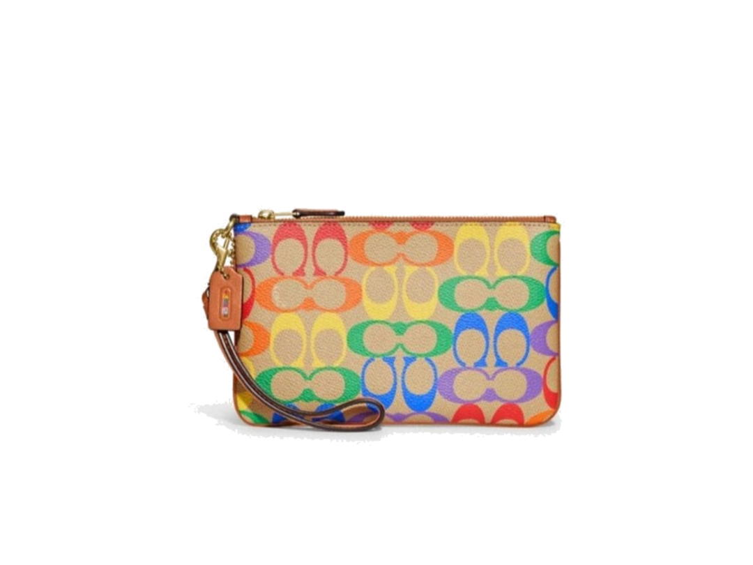 Coach Coach Small Wristlet In Rainbow Signature Canvas Tan Natural Multicolor