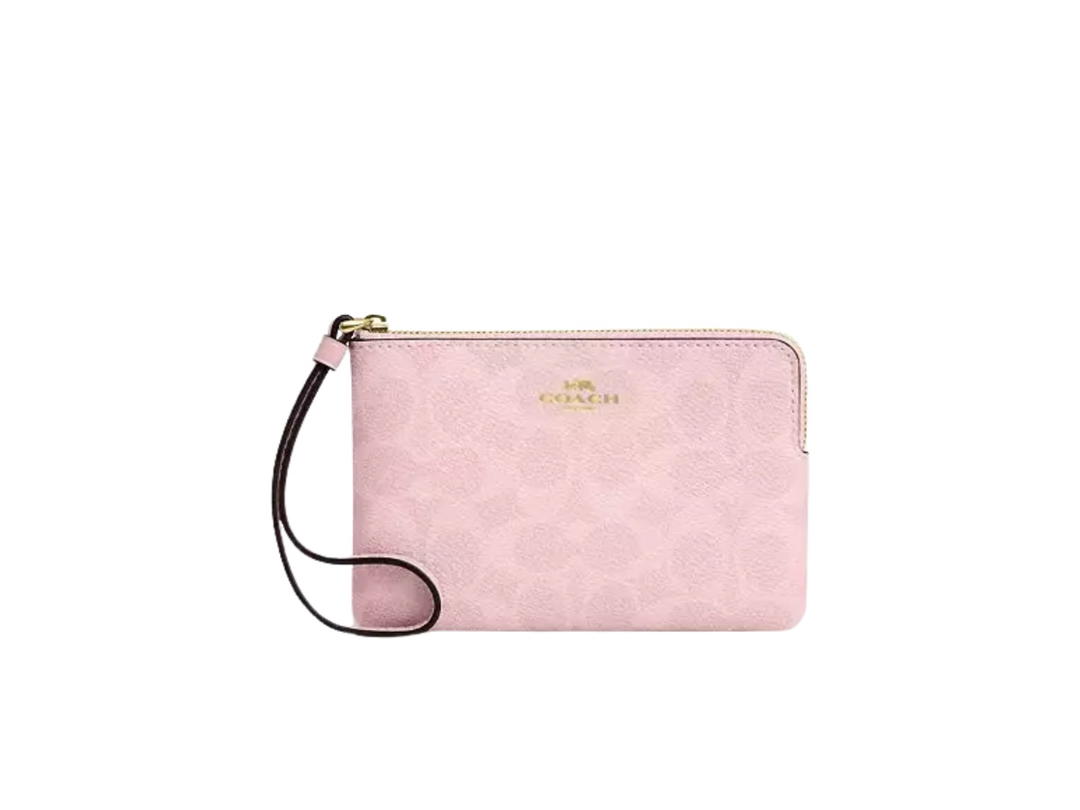 Coach Coach Corner Zip Wristlet Power In Signature Canvas Pink Leather With Gold Hardware