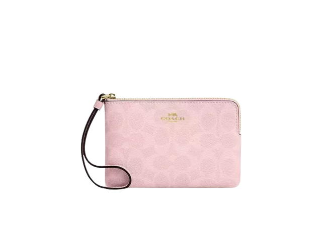 Coach Coach Corner Zip Wristlet Power In Signature Canvas Pink Leather With Gold Hardware - view 1