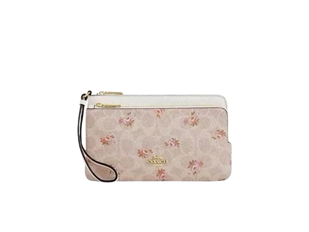 Coach Coach Double Zip Wallet In Signature Canvas Floral Print Sand