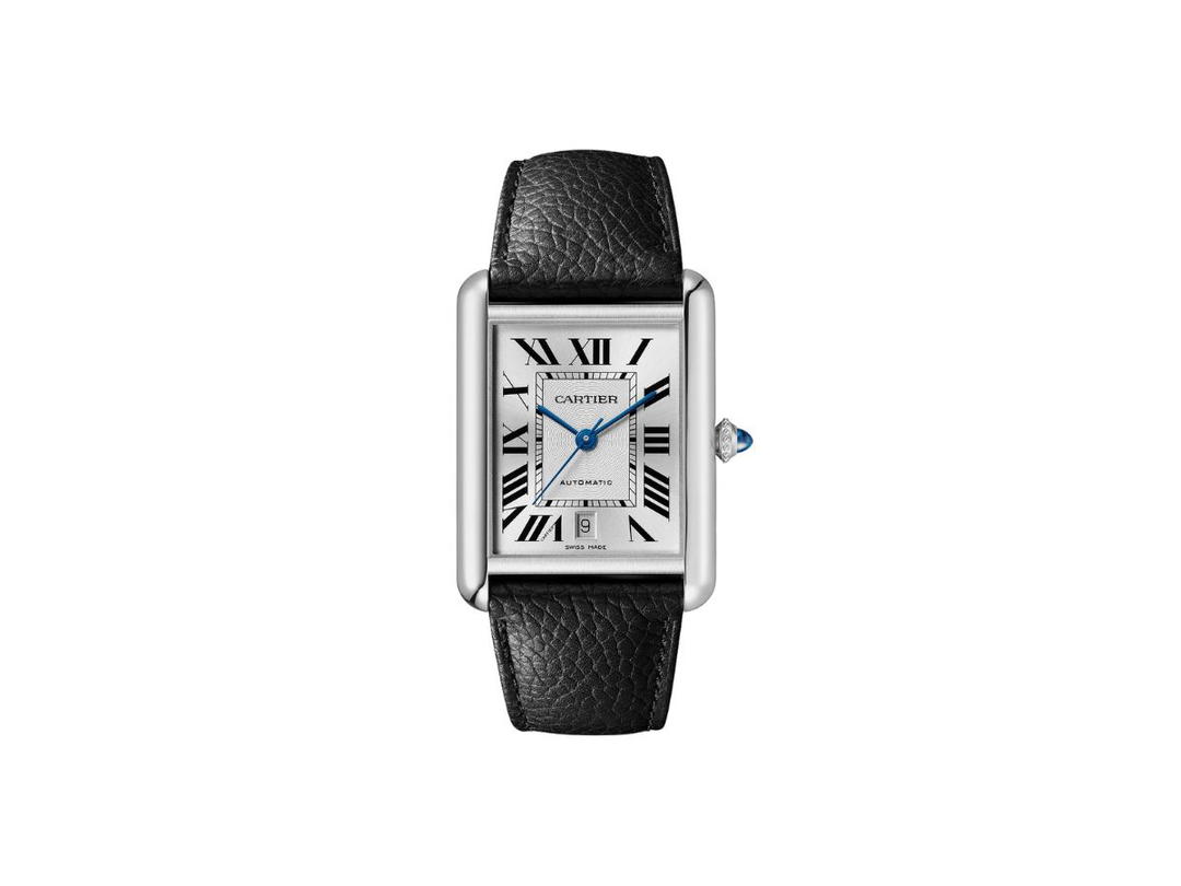 Cartier Cartier Tank Must Watch Extra-Large Model In Steel Case With Synthetic Sapphire And Black Grained Calfskin Strap