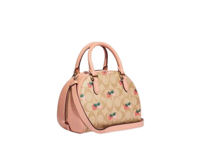 Coach Coach Sydney Satchel In Signature Canvas With Strawberry Print Light Khaki - view 2