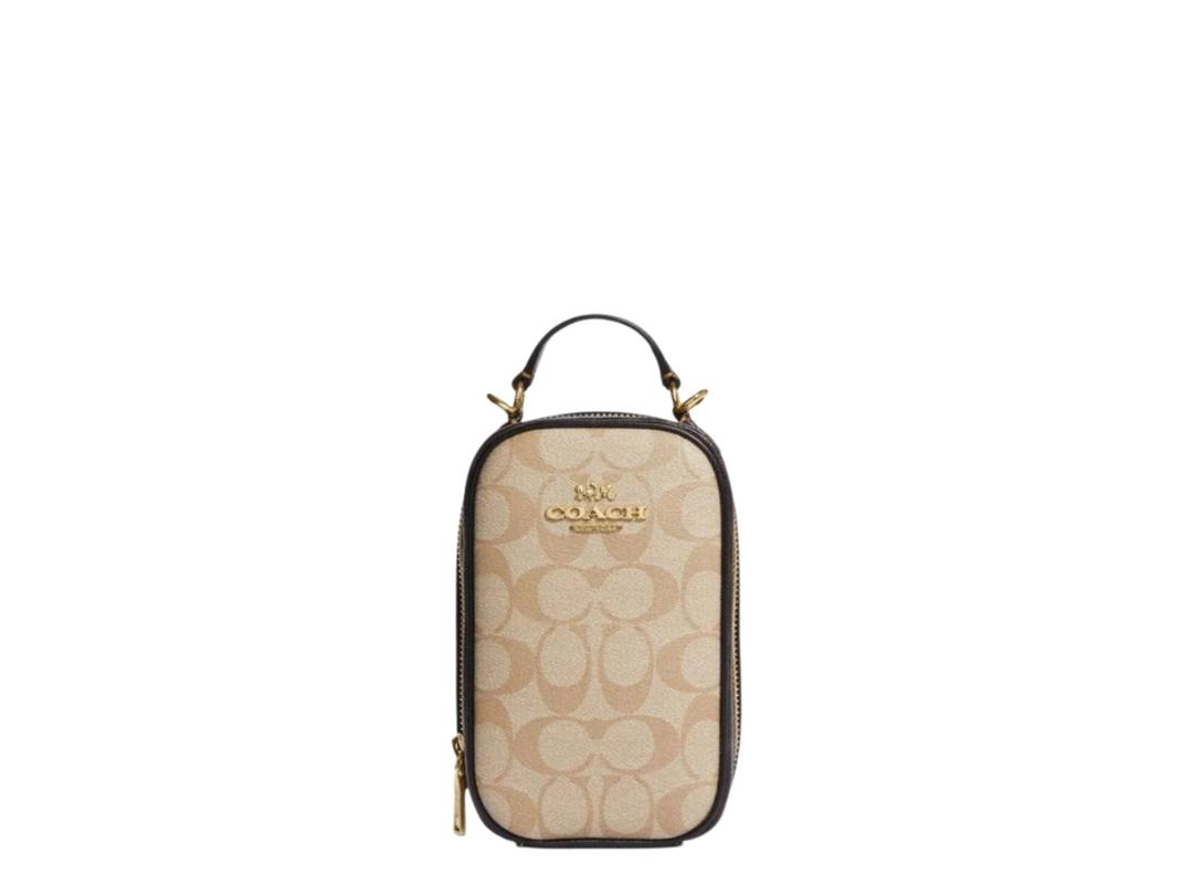 Coach Coach Eva Phone Crossbody Blocked Signature Canvas Light Khaki Brown