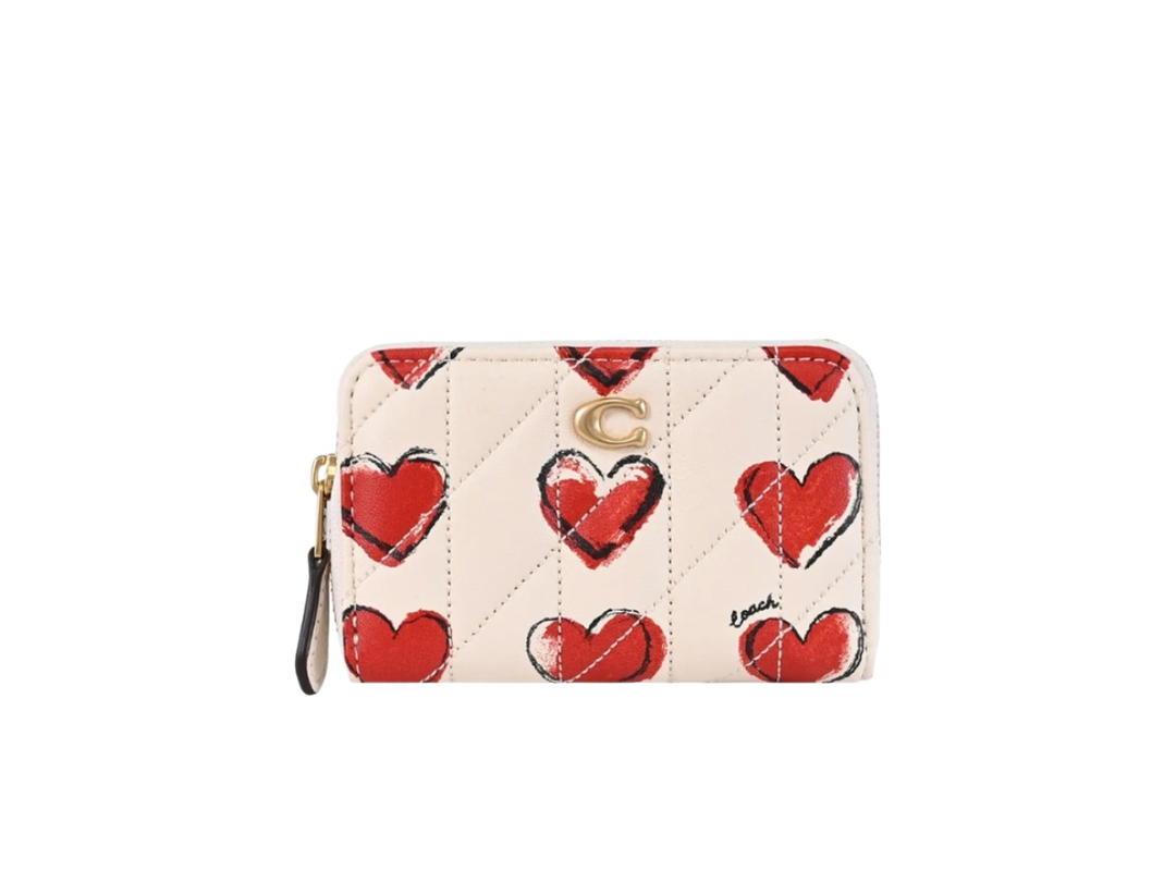 Coach Coach Essential Small Zip Around Card Case With Quilting And Heart Print Chalk