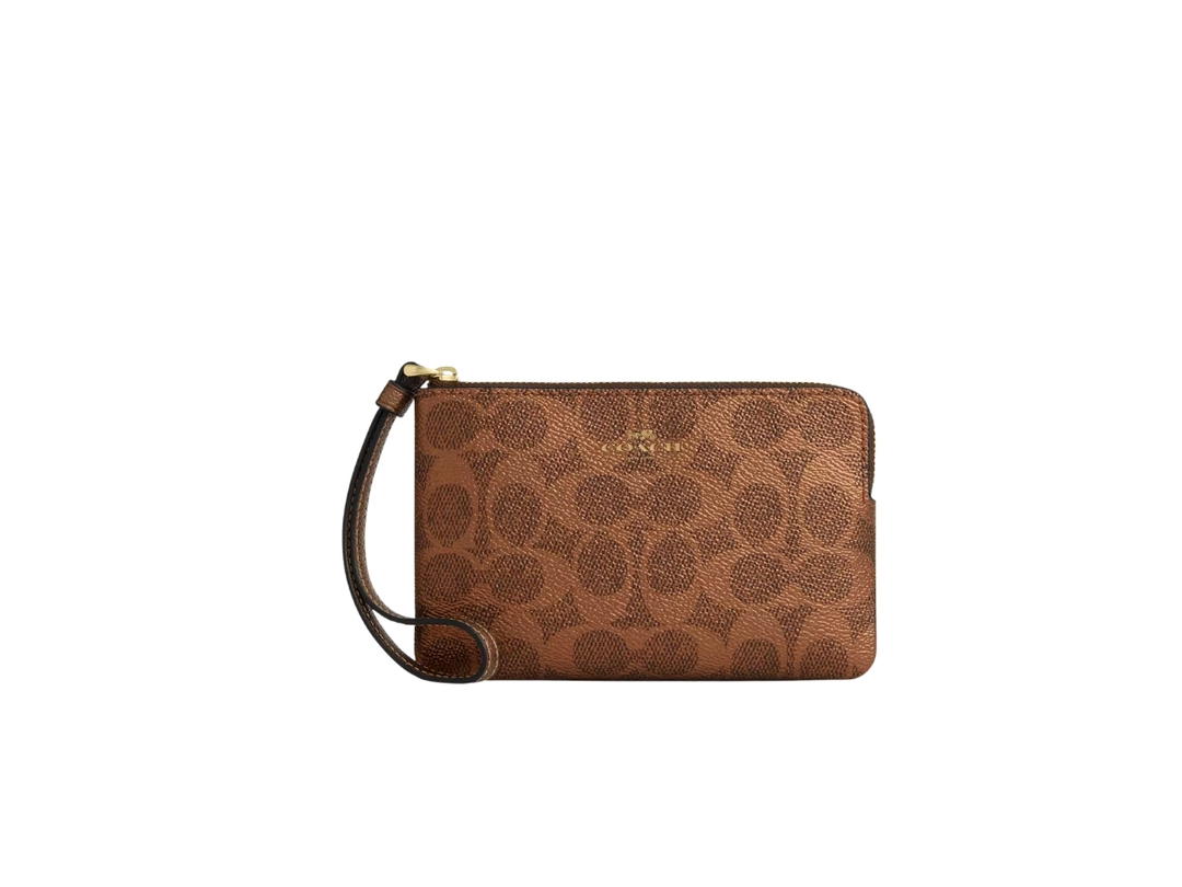 Coach Coach Corner Zip Wristlet In Signature Canvas Brown Copper