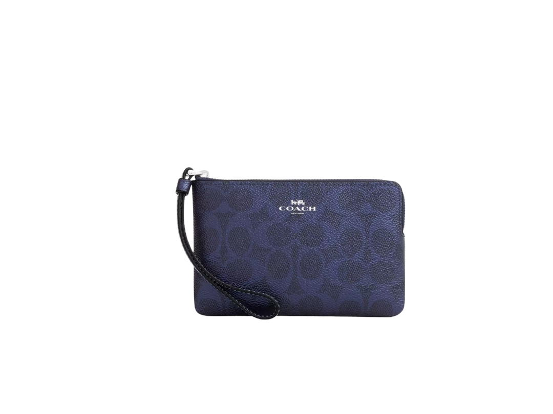 Coach Coach Corner Zip Wristlet In Signature Canvas Blue Navy